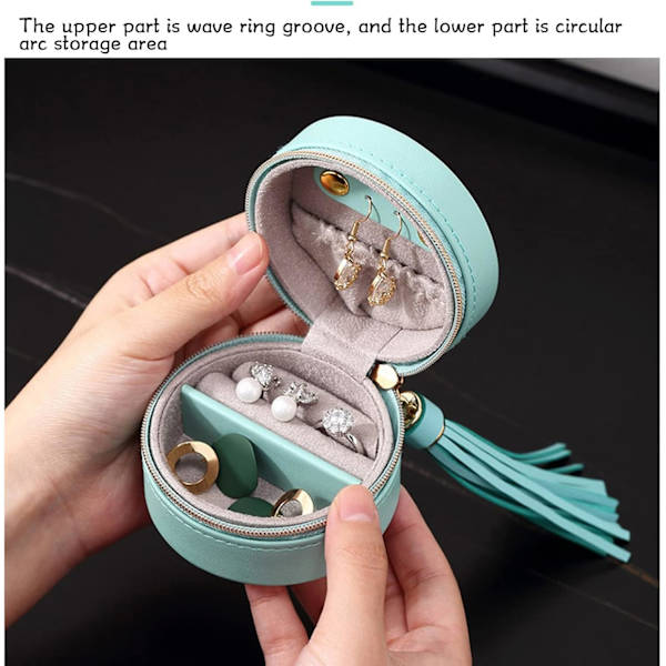 Rejse Smykkeæske Bærbar Rund Læder Mini Smykke Organizer Rejse Organizer med Lynlås Øreringe Halskæde Armbånd Display Case