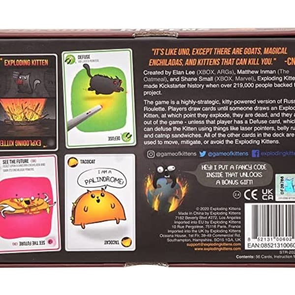 Exploding Kittens - Korttipeli | Perhepeli | Venäläinen ruletti | Englanti | Ikä 7+ | 2-5 pelaajaa