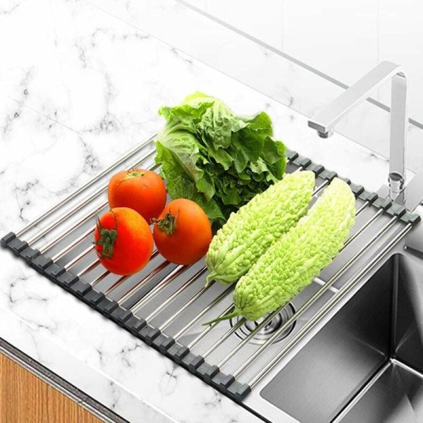 Kjøkkenoppvaskstativ, sammenleggbart oppvaskstativ, rustfritt stål kjøkkenoppvaskstativ, benkeplateoppvaskstativ for vask, oppvaskstativmatte, 43 x 35 cm