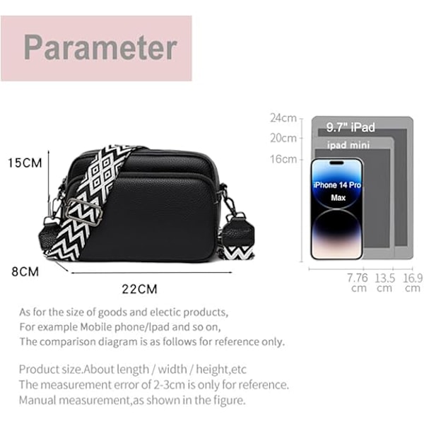 Äkta läder dam crossbody väska elegant handväska med 3 fack, justerbar och avtagbar rem