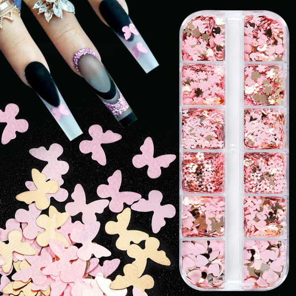 Blomma nagel glitter paljetter 12 rutnät guld rosa holografisk glitter
