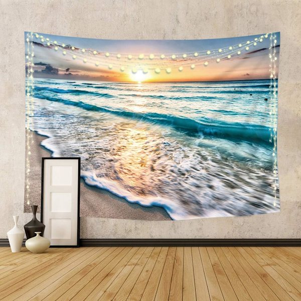 Strand Ocean Solnedgång Soluppgång Kust Gobeläng för Sovrum Extra Stor Väggdekor 150cm*130cm Sommar Hawaiiansk Havsvåg Havskust Solstråle Strandlinje Skyline Väggbonad Sovsal Vardagsrum
