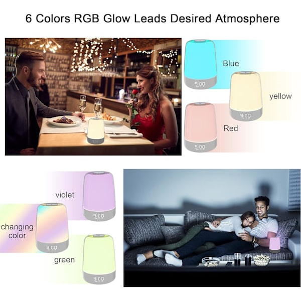 Touch Wake Up Natlampe med Solopgangssimulering Vækkeur, 3 måder dæmpbar varm hvid sengelampe til børneværelser RGB Ambient Bord Natbordslampe, Søvnhjælp Snooze Timer Tilstand