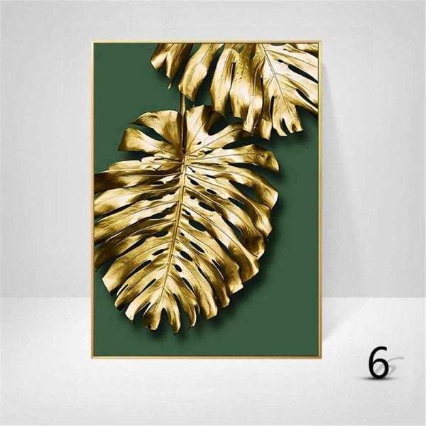 Set med 3 designväggaffischer med skog, bladguld, palm, oinramad, vägg D