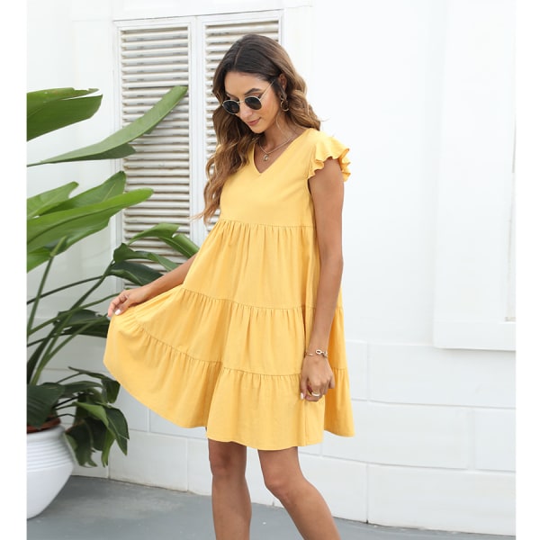 Kvinders afslappet trykt flæse flutter ærmer Swing Tiered kjole gul XL