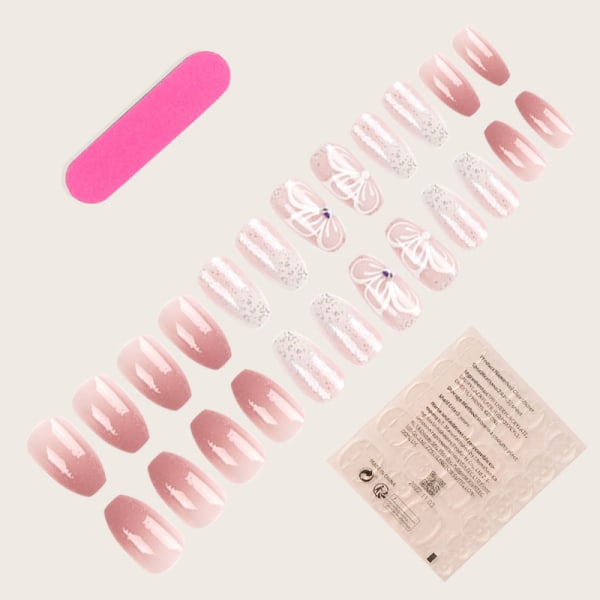 Medium Square Fake Nails Butterfly False Nails Pink Gradient Acry