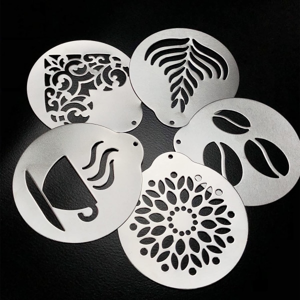 5 kpl kahvista stencilit, ruostumaton teräs painatus, Barista Cappuccino Arts Gar