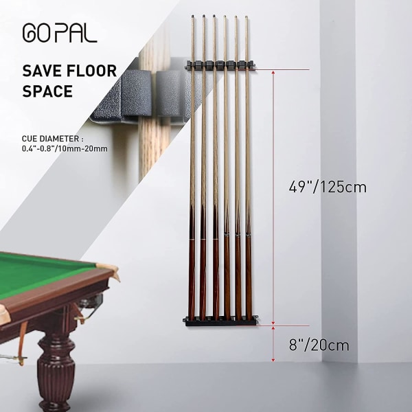 6 poolstængerstativ, billardpindeholder vægmontering, clips til poolbordstænger