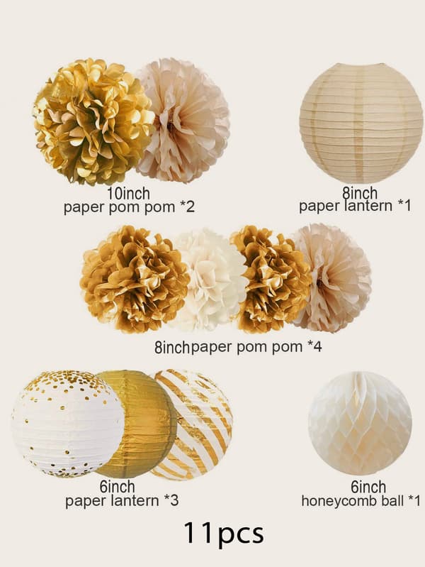 Festdekorationssæt Lanterner Blomster Pom Pom med Guld 3D Sommerfuglesticker