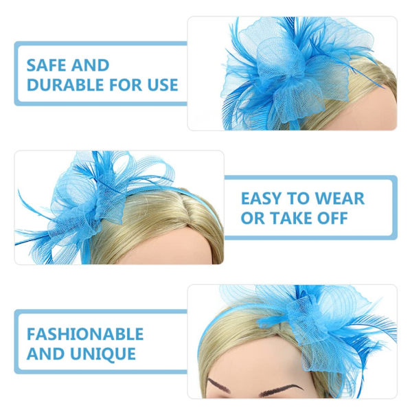 Slør Fascinator Te Selskab Pandebånd Mesh Fjer Hovedbeklædning med Clip til Kvinder Bryllup Sø Blå