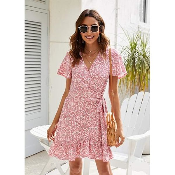 Kvinders sommer wrap V-hals prikket print flæse korte ærmer mini floral