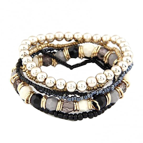 1 sæt Boho Bohemian Mix Style Multilayer Elastiske Perlearmbånd til Banketfest Sort