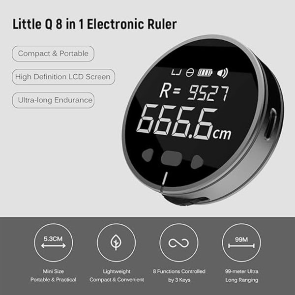 Little Q 8-i-1 Elektronisk Linjal med LCD-Skjerm 99m Høy Nøyaktighet Lengdemålingsverktøy Lang Standby Oppladbar