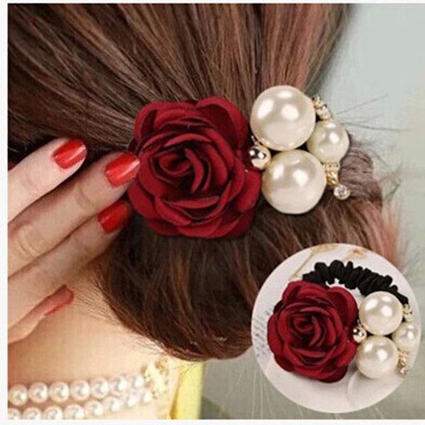 4 stk. koreansk mode perle hår reb rose blomst rhinestone hårbånd/smykke