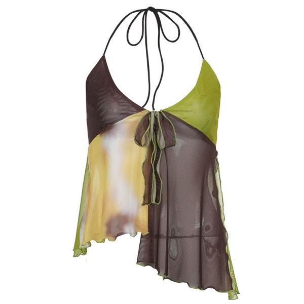 Kvinners dyp V-hals halter crop top knyting bak trykk Y2k tank top wrap bandage camisole vintage 90-talls streetwear halv brun L