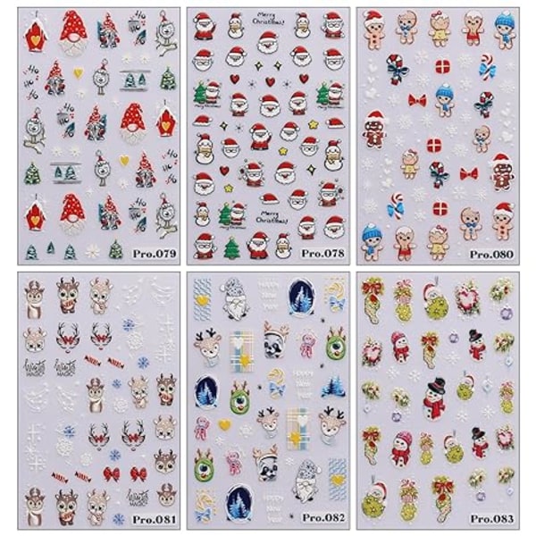 6 ark Christmas Nail Art Stickers Decals Selvklæbende Cute Santa Snowfl