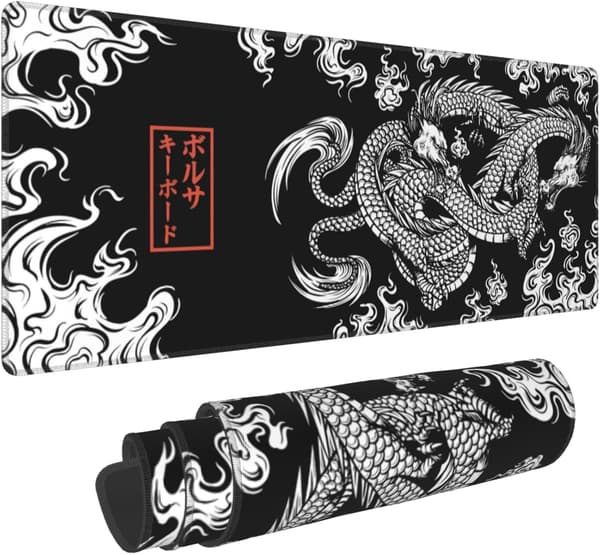 Japansk drage stor musematte utvidet spillmusematte svart XL