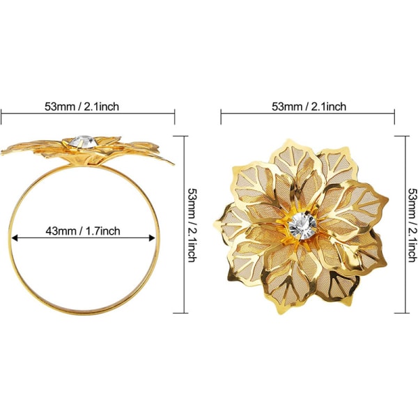 Blomsterservietringe, sæt med 6, hule blomsterservietholder-pynt, udsøgt husholdningsservietringe-sæt, rhinsten-servietringe til bryllupsbanket, julebordsdækning (guld)