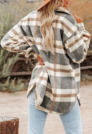Womens Casual Plaid Shacket Lapel Button Down Langærmet Uld Blend Lomme