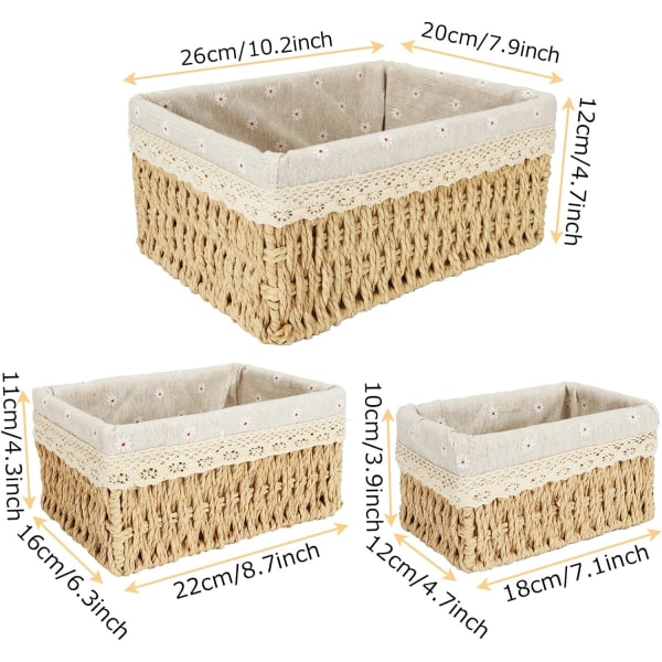 Set of 3 Wicker Storage Basket, Small Rectangular Wicker Basket with Linen