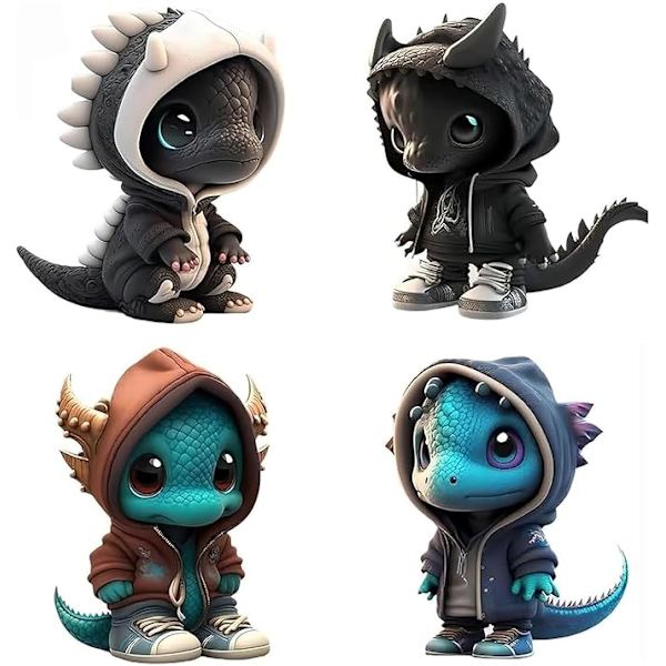 4-pack coola drakfigurer - Unika handgjorda drakstatyer i harts - Söta baby drak prydnader - Mini dinosaurieskulpturer - Skrivbordsdekoration - Gåvor