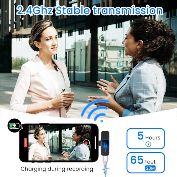 Trådløs Lavalier-mikrofon til iPhone - 2,4 GHz Mini trådløs Lavalier-mikrofon med 2 sendere og 1 modtager til Youtube, Tiktok-video, Vlog, Facebook