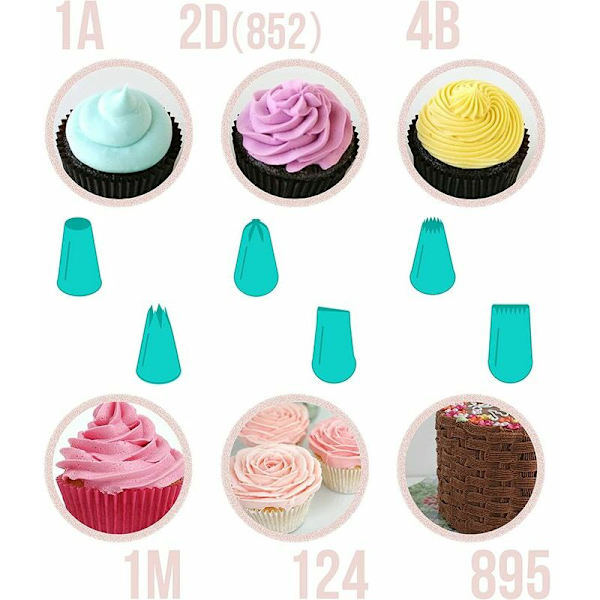 Sett med 6 store profesjonelle konditorsprøytetupper for dekorering av kaker og cupcakes