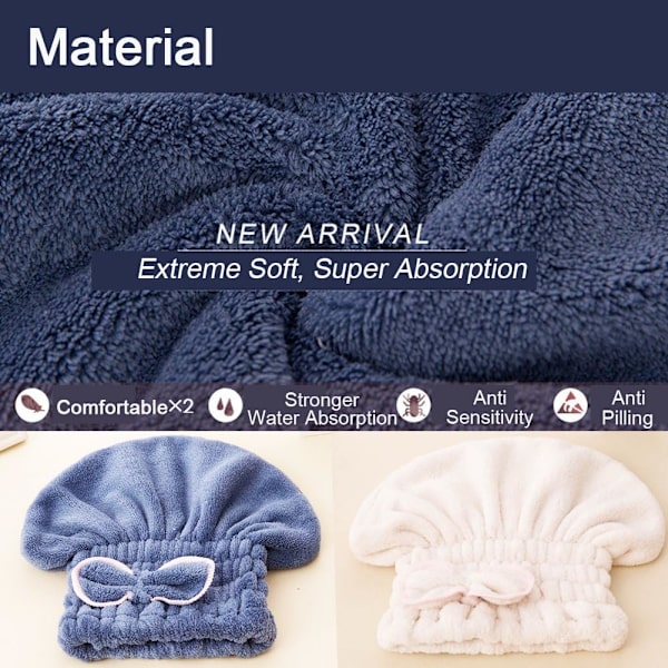 2PC Mikrofiber Hår Tørkehetter, Ekstra Myk & Ultra Absorberende, Rask Tørking