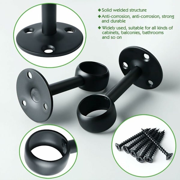 Gardinstangbeslag Garderobestangbeslag med skruer Loftbeslag til gardin og garderobe, mat sort rustfrit stål, diameter 25mm, 2 stk.（25mm）