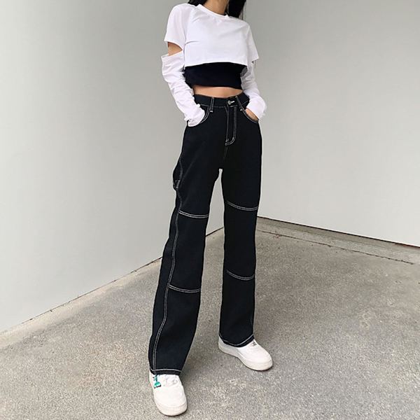 Damebukser, Dame Sorte Højtaljede Baggy Jeans Lige Vide Ben Denim