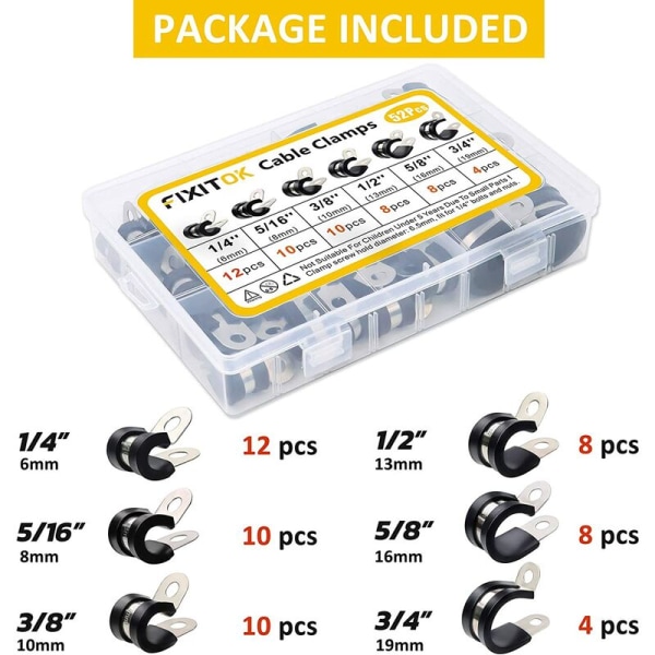 52 kappaletta kumiletkun kiristintä P-klipsit letkunkiristintä ruostumattomasta teräksestä valmistetut kiristintä kumityynykiristintä 6 kokoa 1/4\"5/16\" 3/8\"1/2\" 5/8\"3/4\"