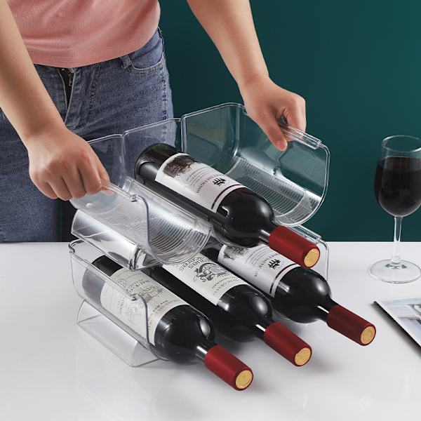 Vinstativ (sett med 2) - Plaststabelbart vinstativ for 6 flasker vin eller annen drikke - Moderne vinstativ for opptil 6 flasker totalt - Klart