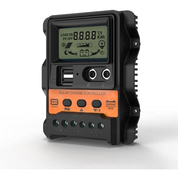 Solcelleladningsregulator, PWM Solcelleladningsregulator Med LCD 12V 24V 30A Dobbelt USB 5V Udgang Solpanel Opladningsregulator