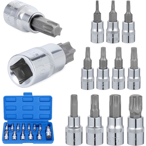 13-osainen hylsyavainsarja, hylsysarja, naarastorx-hylsyt, torx-hylsysarja, kromivanadiumteräs 1/4\", 3/8\" ja 1/2\" -käyttö