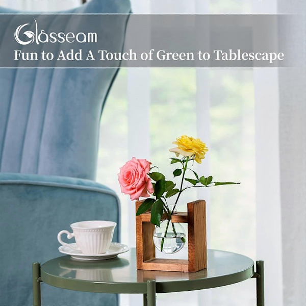 Stykke Lyspære Avocado Vase Glas Agern Vase til Blomster Terrarium Krukke Plantekasse med Træhyldeholder til Grønne Vandplanter Egnet til Hjem K