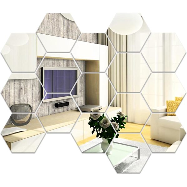 16 st Hexagon Vägg Spegel, Silver Lim Vägg Spegel 126×110×63mm, Akryl Hexagon Väggdekaler Speglar för Soffa TV Bakgrund Dekoration, Sovrum,