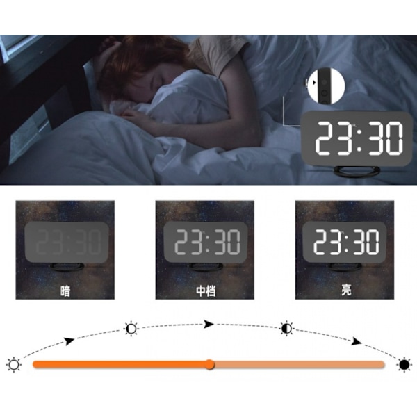 Digital väckarklocka, LED morgon väckarklocka digital spegelklocka sängklocka, nattlampa, justerbar ljusstyrka
