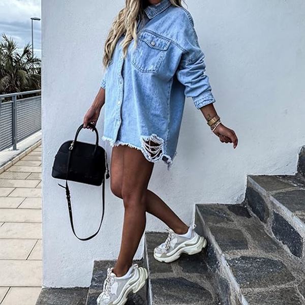 Oversized Denim Jakke Distressed Boyfriend Jean Frakke Jeans Trucker Jakke