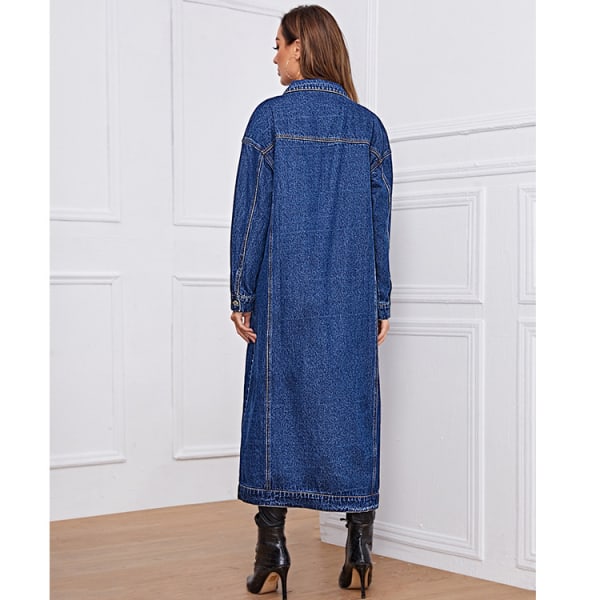 Kvinde Mode Forår Knap Ned Midi Lang Denim Jean Jakke Trenchcoat