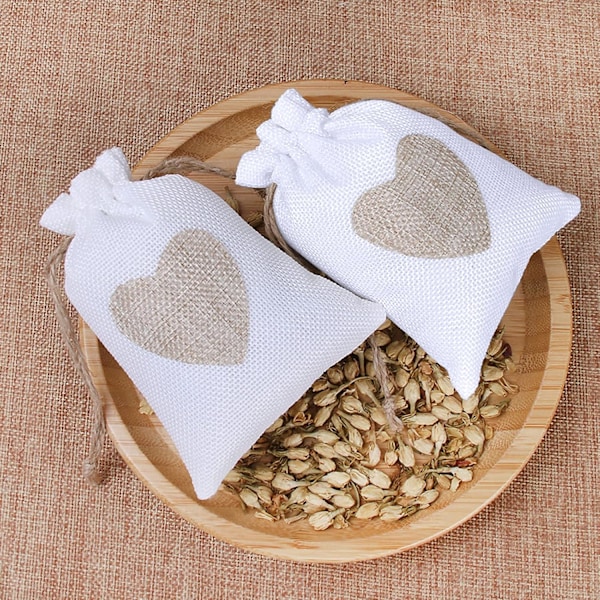 24 st Hjärtformade Burlap Påsar 10*14CM, för Bröllopsgåvor Godispresenter Dop Födelsedag Jul Små (Vit)