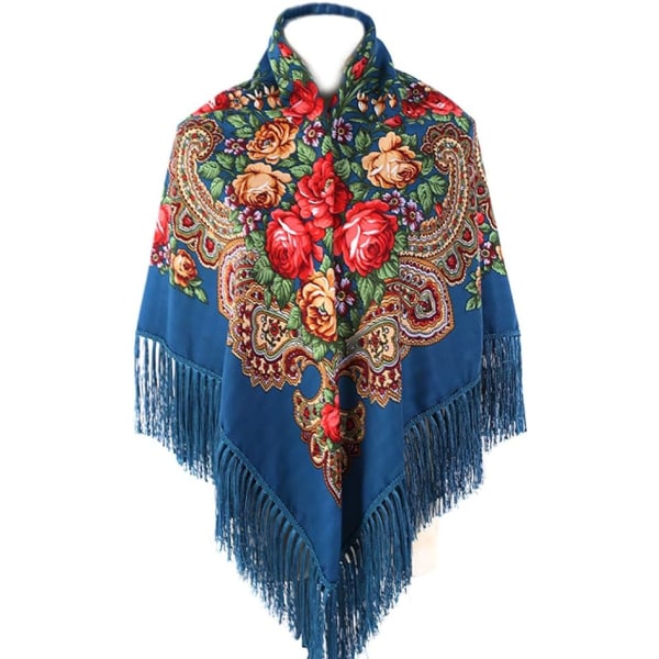 Kvinners tradisjonelle skjerf wrap dusk sjal frynser nakke hode sjal retro skjerf floral poncho trykksjal Lake blue farge 160*160CM