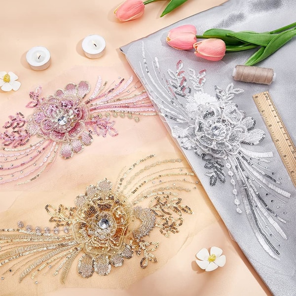 Pcs Blomma Spets Broderi, Blommig Broderad Spetslapp med Naglar Pärlor Paljetter Tulle Applikationer Sylapp för Kläder Bröllopsklänning DIY Dec
