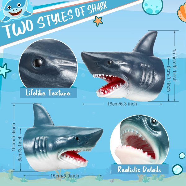 Handdocka leksaker 2-pack realistiska djur haj handdockor mjukt gummi handdocka haj huvuddocka rollspel leksak för simbassäng strandbad
