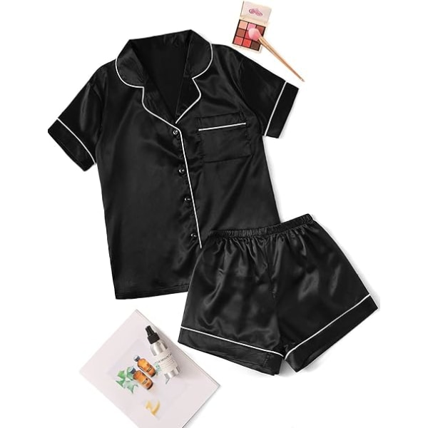 Kvinnors kortärmad nattkläder knapp ned satin 2-delad pyjamas set blå XL