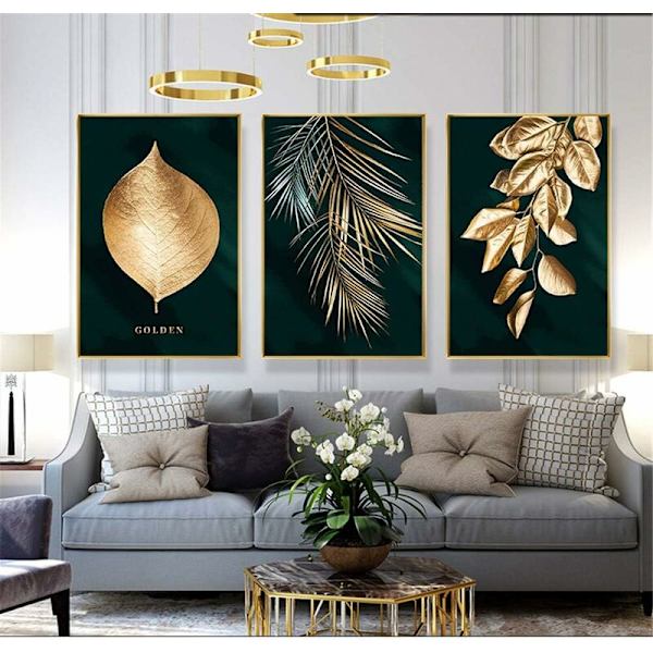 Set med 3 designväggposters med skog, guldblad, palm, ramfri, vägg