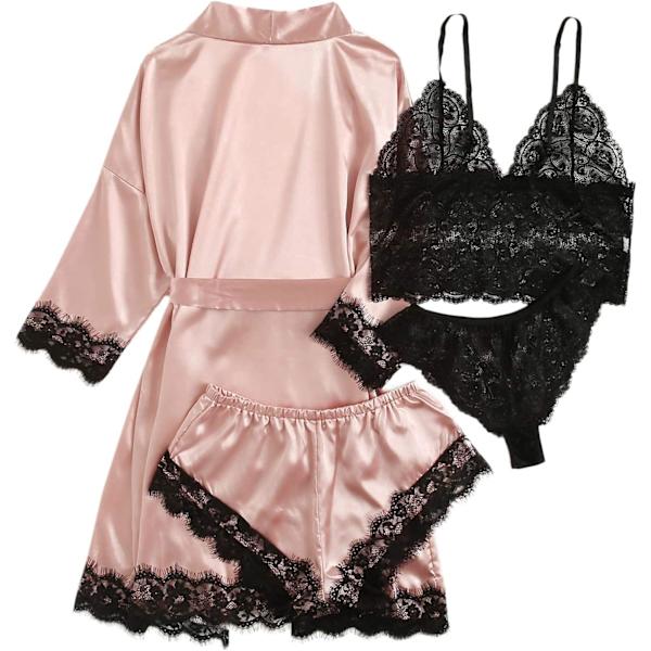 Dam satin pyjamas set med 4 blommiga spets sling underkläder pyjamas med morgonrockar