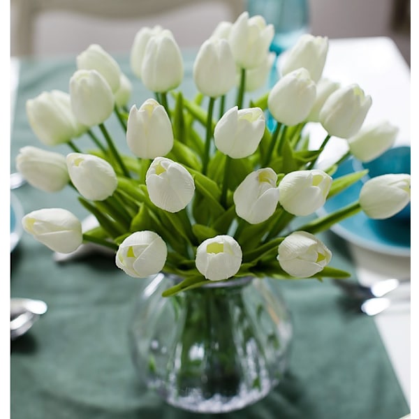 Kunstige tulipaner 12 stk. hvide tulipaner ægte touch brudebuket til hjem havefest blomsterdekoration (hvid)