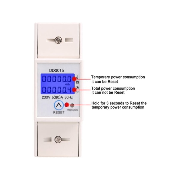 Digital energimåler LCD-bakgrunnsbelyst display 5-80A 230V 50Hz enfaset wattmeter skinnemontering for måling av elektrisk energi