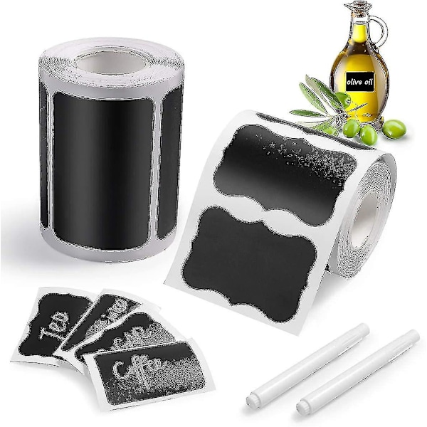 Blackboard Labels, 2 Rolls 300pcs Black Sticky Labels +2 Chalk Markers, Reusable Adhesive Labels