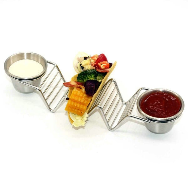 Oppgrader Taco Shell Stand Up Holders - Premium rustfritt stål Taco Tray med 2 salatkopper, holder 3 tacoer hver og holder skjellene oppreist og ryddige